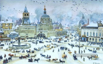 städtische Landschaft Werke - lubyanskaya Platz im Winter 1905 Konstantin Yuon Stadtbild Stadtszenen